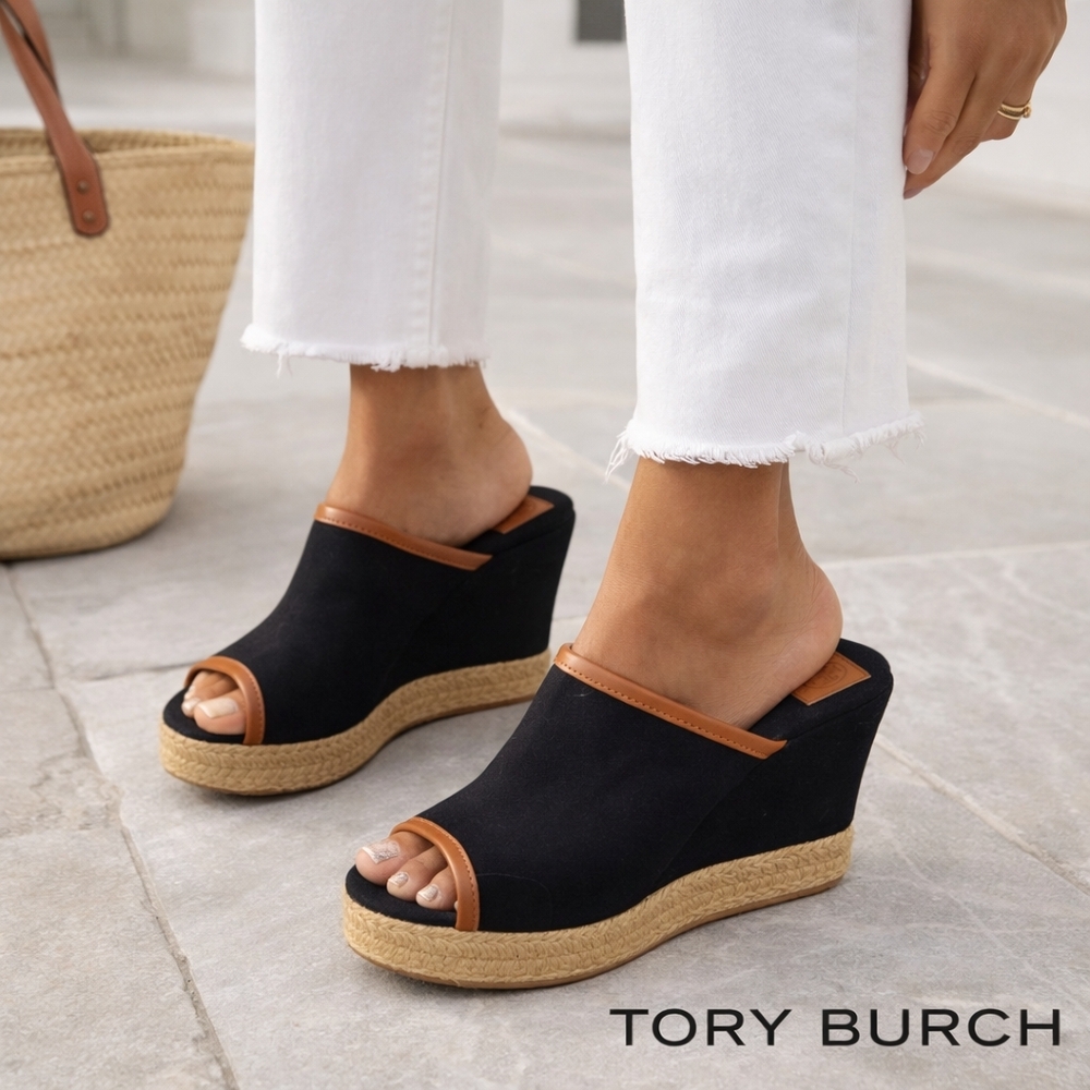 Tory Burch Canvas two tone wedge mules 10/10.5